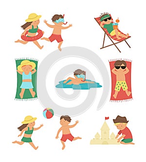 Vector set with children doing summer activities. Kids playing on the beach. Cute girls and boys swimming, playing ball,