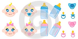 Vector set of children faces icons, baby bottles with milk, pacifiers, baby dummies, blonde boy and girl