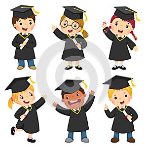 Set of children in a graduation gown and mortar board photo