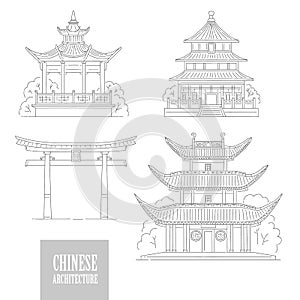 Vector set Chinese architectural landmarks. Oriental architecture black white line art gate pagoda and gazebo different