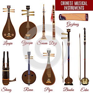 Vector set of chinese musical instruments, flat style.