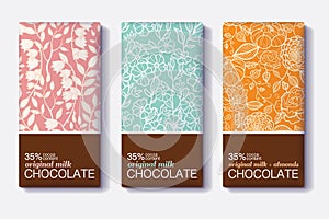 Vector Set Of Chocolate Bar Package Designs With Vintage Floral Patterns.