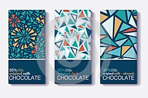 Vector Set Of Chocolate Bar Package Designs With Vintage Geometric Mosaic Patterns. Editable Packaging Template