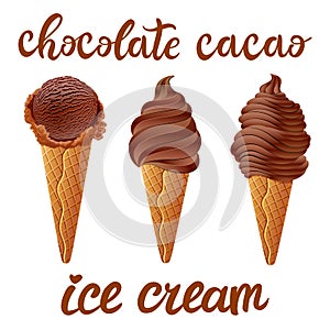 Vector Set of chocolate ice cream with cacao of brown different shapes in a cup on transparent background lettering hand made text
