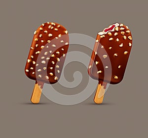 Vector set with chocolate popsicle on stick whole and bitten wi