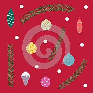 Vector set of Christmas balls and Christmas tree branches. Different toys for Christmas tree