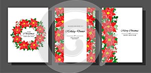 Vector set of Christmas cards with red poinsettia flowers leaves and berries on white