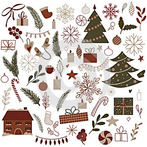 Vector set of Christmas elements, festive New Year decor with candle, star, gift box, Christmas tree, toy, holly plants