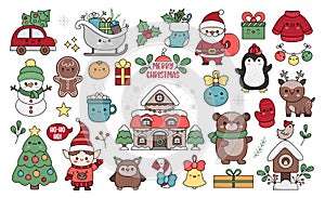 Vector set of Christmas elements with Santa Claus, reindeer, animals, elf, stocking, fir tree, house with ornament. Cute funny