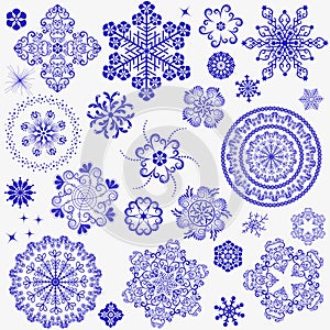 Vector set christmas filigree blue snowflakes