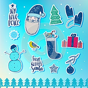 Vector set of Christmas, New Year stickers, badges. Design elements for holiday decoration.