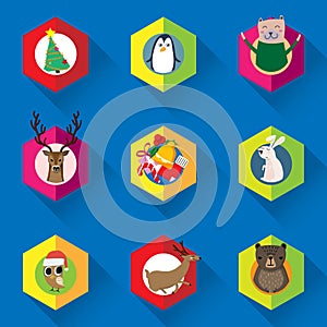 Vector set of Christmas ornament, Christmas tree and cute cartoon animal character for winter seasonal decorated