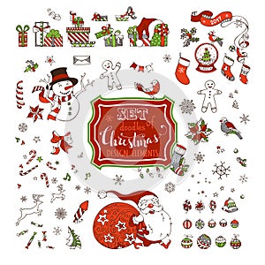 Vector set of Christmas signs, symbols, decorations and design elements on white background.