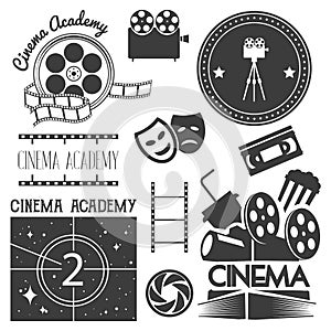 Vector set of cinema logo, labels. Movie studio and theater badges, emblems, signs. Illustration in vintage retro style.