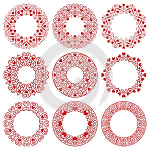 Vector set of circle frames in vintage art deco style with red hearts