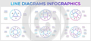 Vector set of circle infographics outline elements with 3, 4, 5, 6, 7 and 8 options, steps or parts