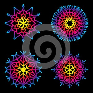 Vector set of circular round mandalas snowflakes - rainbow colored - adult coloring book page