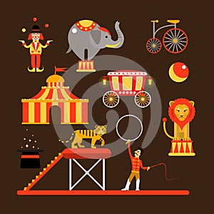 Vector set of circus artists, acrobats and animals on white background.