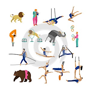 Vector set of circus artists, acrobats and animals on white background. Icons, design elements.