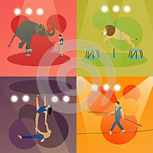 Vector set of circus concept banners. Acrobats and artists perform show in arena.