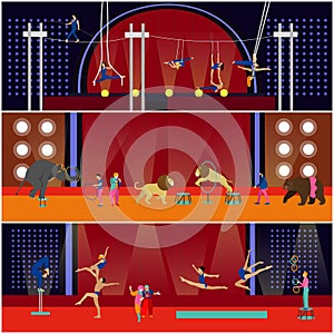 Vector set of circus interior concept banners. Acrobats and artists perform show in arena.