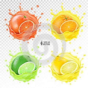 Vector set of citrus. Lemon, orange, lime, grapefruit, whole and half. Fresh sour citrus fruit in realistic transparent juice