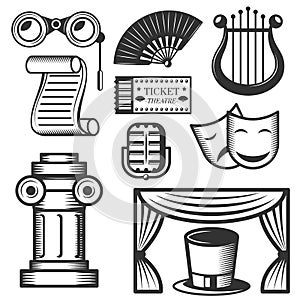 Vector set of classic theater isolated icons. Black and white theater symbols and design elements.