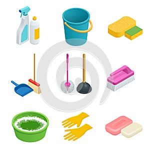 Vector set of cleaning tools. Home clean, sponge, broom, bucket, mop, cleaning brush. Graphic concept for web sites, web photo