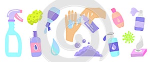 Vector set of clipart in flat style. Hands and hand wash gel against germs and viruses. A set of stickers to create illustrations