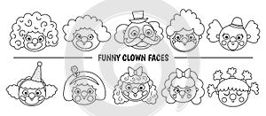 Vector set with clown faces. Circus artists avatars clipart. Amusement holiday icons pack. Cute funny festival characters clip art