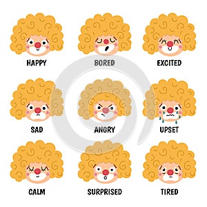 Vector set with clown faces showing feelings and emotions. Circus artists avatars clipart. Amusement heads icons. Cute funny