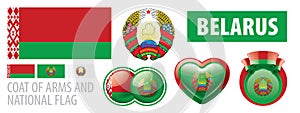 Vector set of the coat of arms and national flag of Belarus