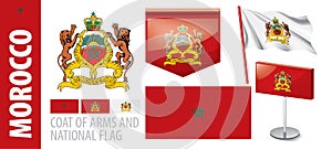 Vector set of the coat of arms and national flag of Morocco