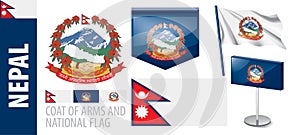 Vector set of the coat of arms and national flag of Nepal