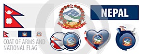 Vector set of the coat of arms and national flag of Nepal