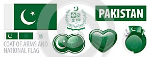 Vector set of the coat of arms and national flag of Pakistan