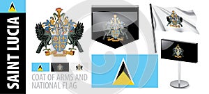 Vector set of the coat of arms and national flag of Saint Lucia