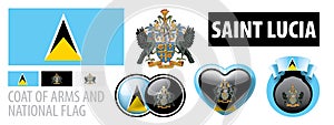 Vector set of the coat of arms and national flag of Saint Lucia