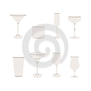 Vector set of cocktail glasses flat icons. Trendy modern simple style of different barware. Empty glassware for bar