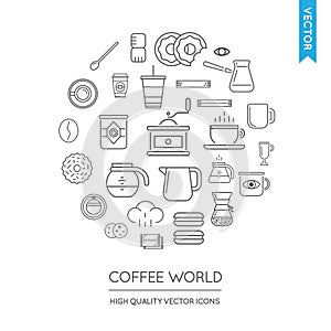 Vector Set of Coffee Modern Flat Thin Icons Inscribed in Round S