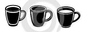 Vector Set of coffee or tea mugs in black and white.
