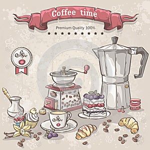 Vector set of coffee with the Turks, cup, coffee pot and a variety of sweets photo