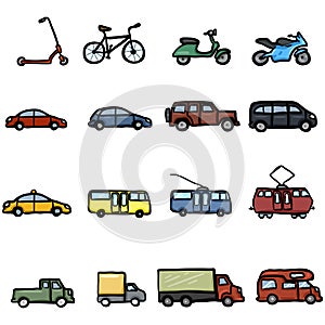 Vector Set of Color Doodle Transportation Icons