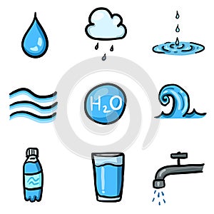 Vector Set of Color Doodle Water Icons