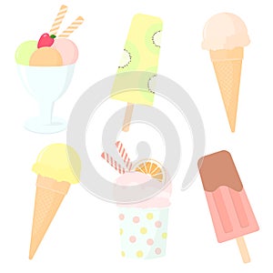 Vector set of color hand drawn sweets. Ice cream in waffle cones