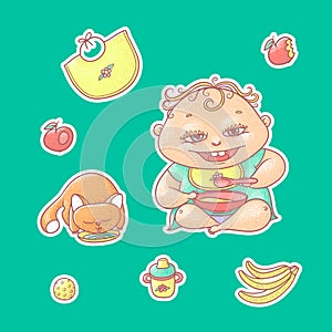 Vector set of color illustrations stickers happy child and kitten. Apples, bananas, kasha and other baby food. The chubby curly ki