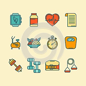 Vector set of color line icons for personal trainer program