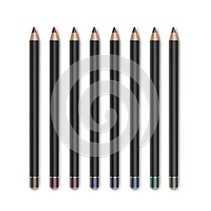 Vector set of Colored Dark Brown Vinous Blue Green Violet Purple Cosmetic Makeup Eyeliner Pencils Isolated on White