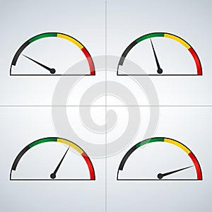 Vector set of colored gauges showing power levels from low to high. Minimum to Maximum. Min to Max.