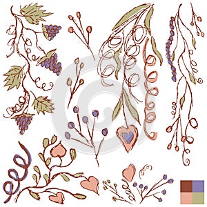 Vector set of colored grunge hand-drawn decor elements for design cards or patterns. Natural texture with twigs, curls, hearts,